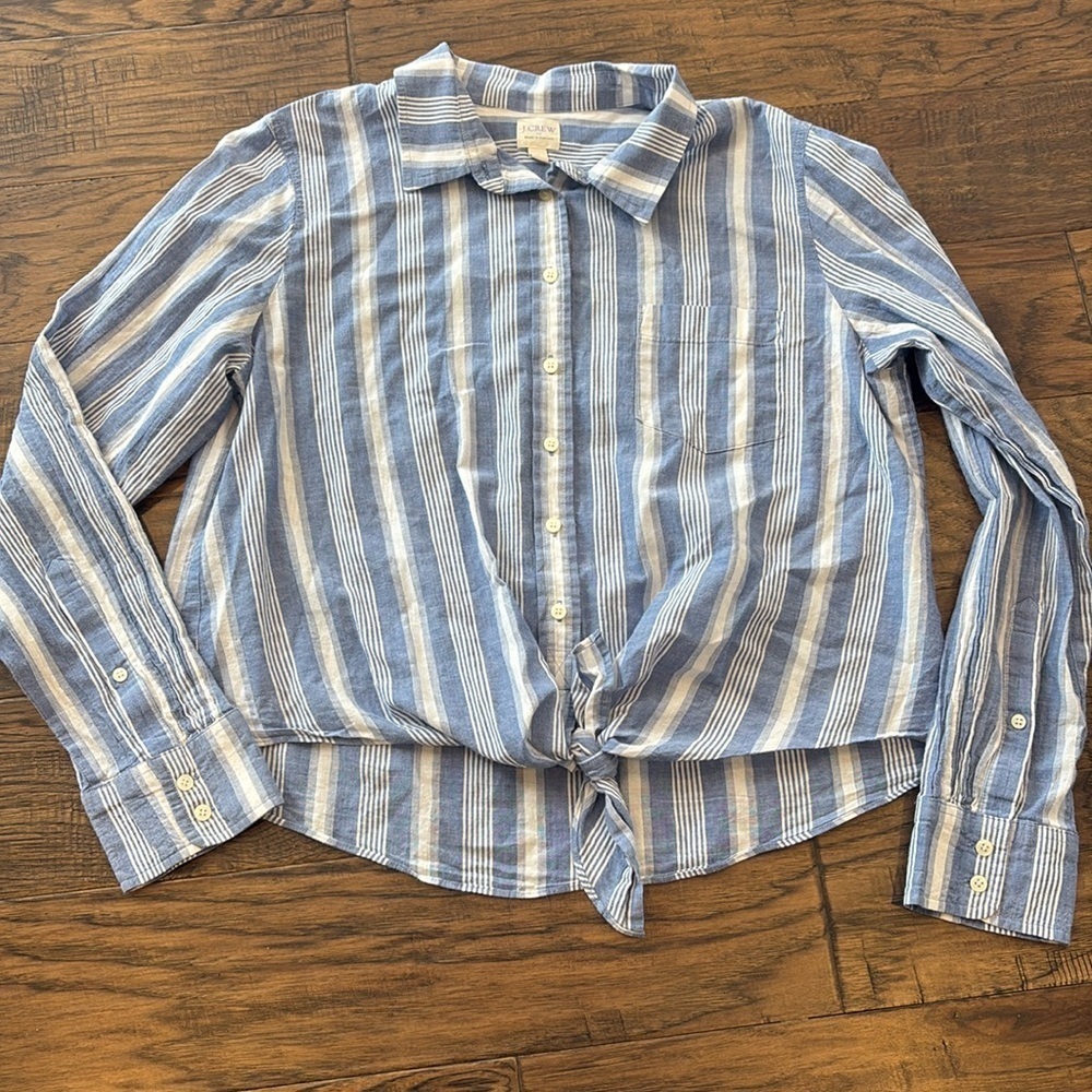 J Crew tie-front blue and white striped shirt